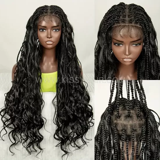 Peruca Trançada com Box Braids Boho Deusa com Pontas Soltas Laço Frontal Completo 32 Polegadas