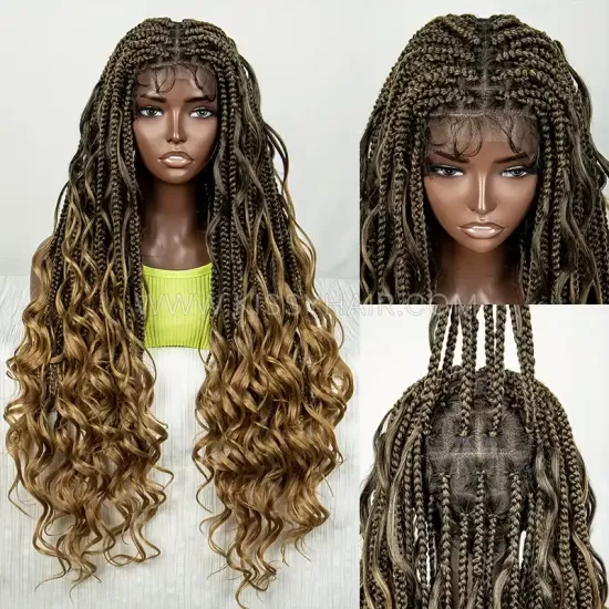 Peruca Trançada com Box Braids Boho Deusa com Pontas Soltas Laço Frontal Completo 32 Polegadas