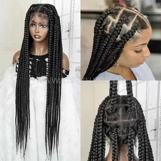 Perruque Tressée avec Micro Nattes Box Braids et Raie Croisée Full Lace 36 Inches