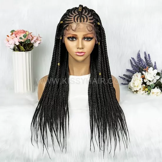 Fulani Cornrow Box Braids Braided Wig With Rings 13x5 Lace 26 Inches