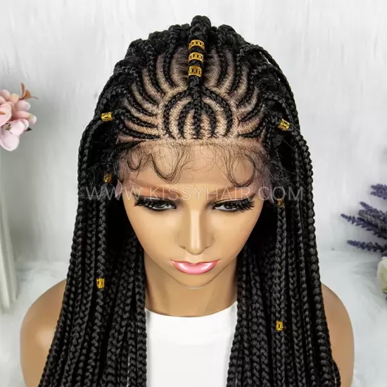 Fulani Cornrow Box Braids Braided Wig With Rings 13x5 Lace 26 Inches