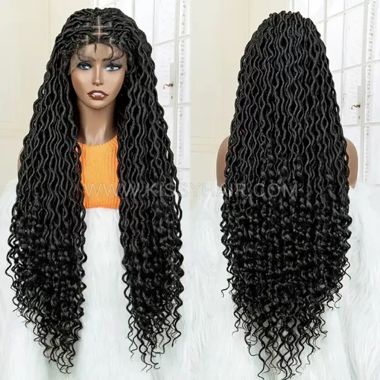 Peruca Trançada com Gypsy Locs Deusa com Pontas Onduladas Laço Frontal 9x6 36 Polegadas