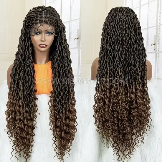 Peruca Trançada com Gypsy Locs Deusa com Pontas Onduladas Laço Frontal 9x6 36 Polegadas