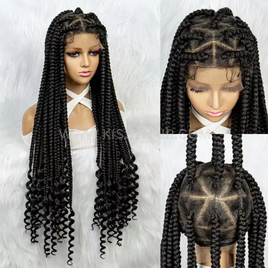 Peruca Trançada com Box Braids Deusa Sem Nó com Pontas Onduladas Laço Frontal Completo 36 Polegadas