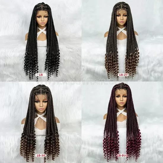 Peruca Trançada com Box Braids Deusa Sem Nó com Pontas Onduladas Laço Frontal Completo 36 Polegadas