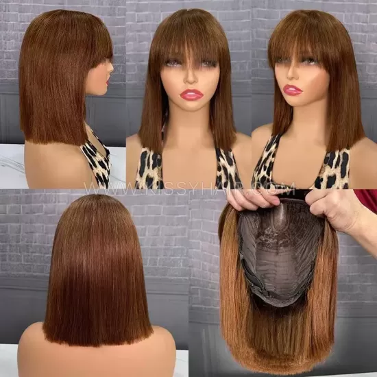 Peruca bob com franja de cabelo humano natural