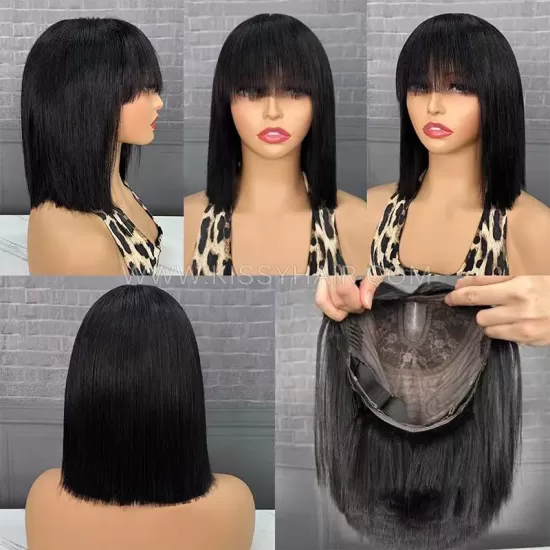 Peruca bob com franja de cabelo humano natural